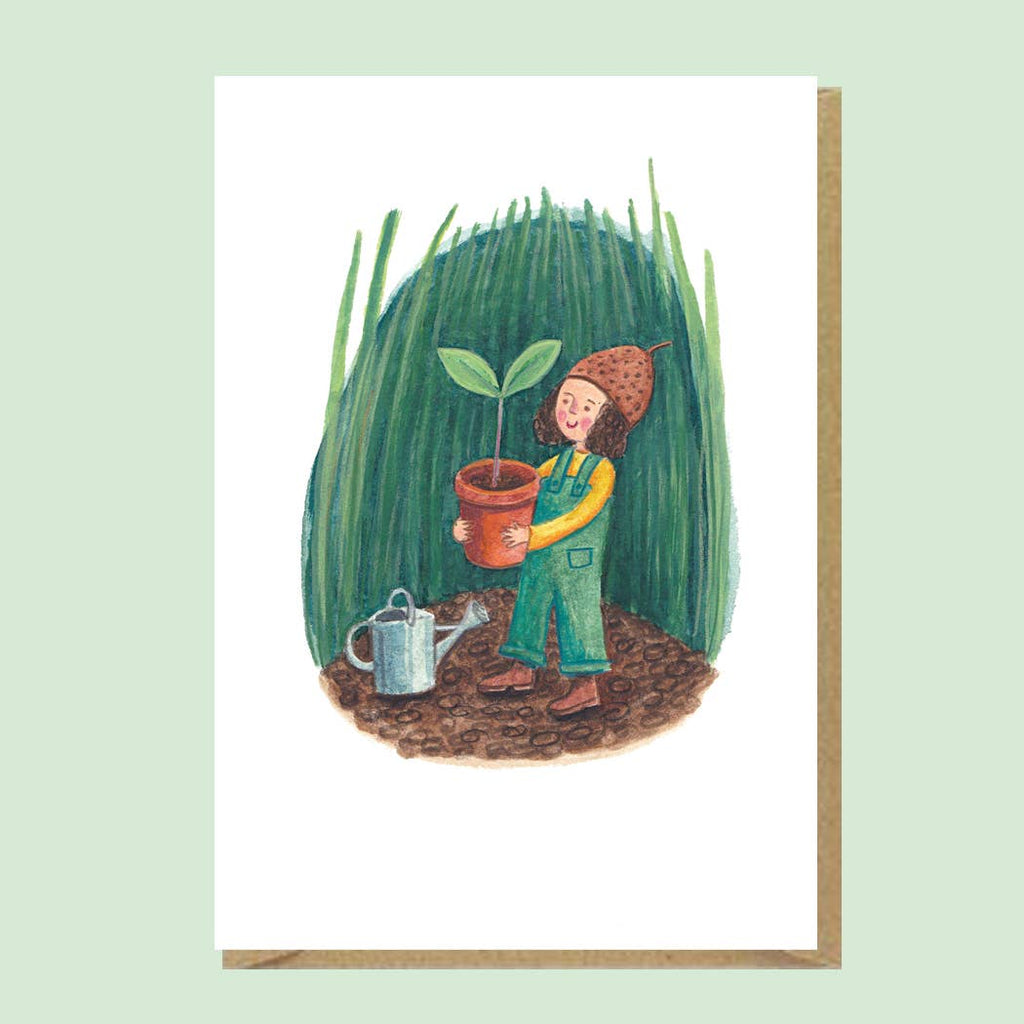 Greeting card with illustration of a person holding a potted plant in a garden setting. Sold by Helen Round
