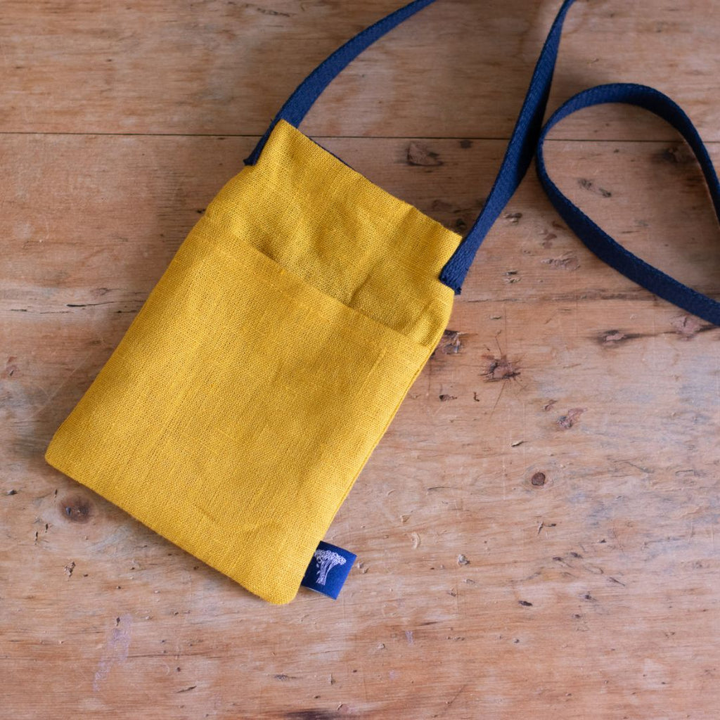 Mustard Yellow Linen Phone Bag with Shoulder Strap from Helen Round