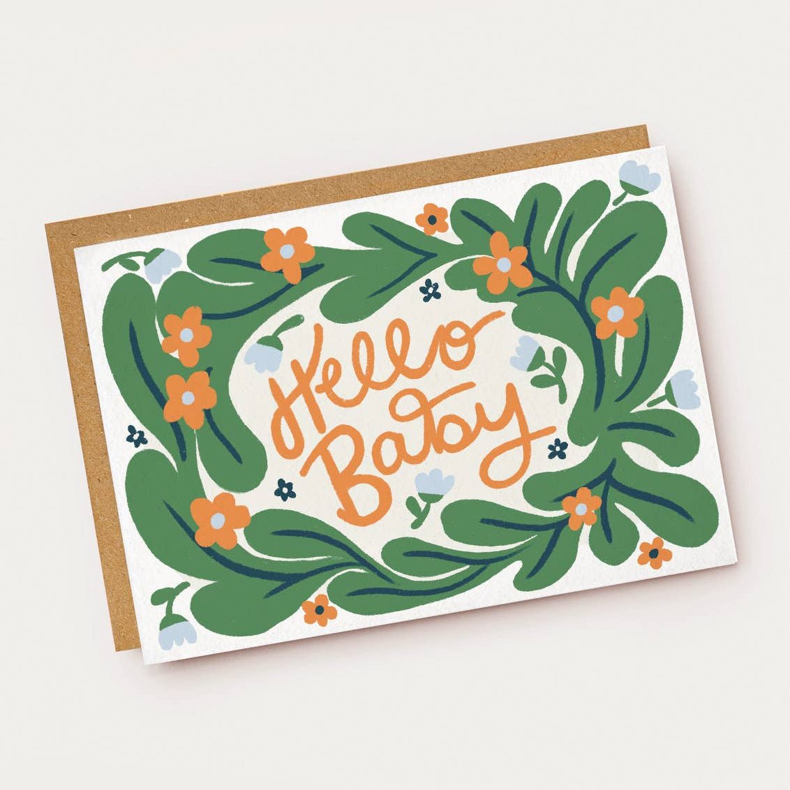 Greeting card with 'Hello Baby' text and floral design on a white background  sold by Helen Round