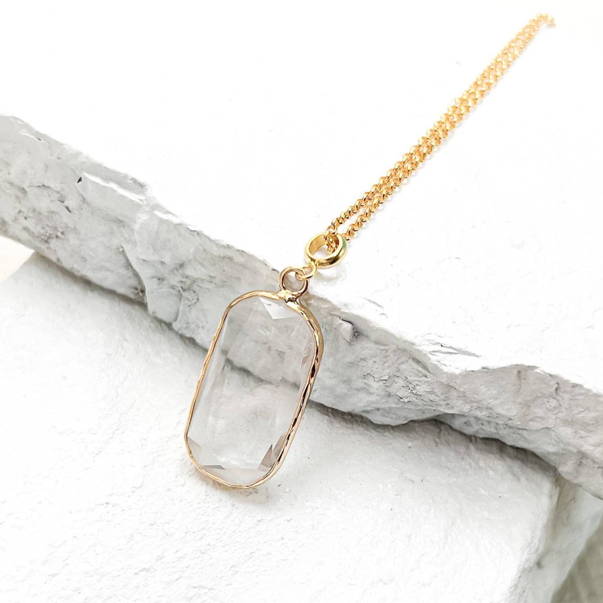 Quartz Rectangle Drop Necklace  on a marble surface sold by Helen Round