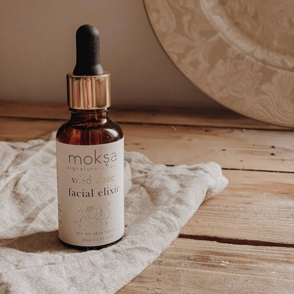 Moksa wild rose facial elixir sold by Helen Round