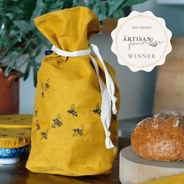 Best Gift Award Winning Mustard Linen Bread Bag with the Bee design, from Helen Round