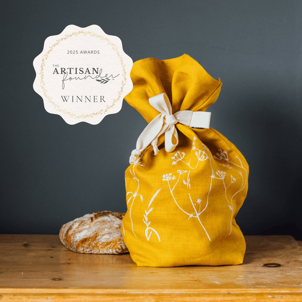 Best Gift Award Winning Mustard Linen Bread Bag from the Hedgerow Collection by Helen Round