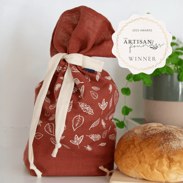 Best Gift Award Winning Leaf Design Rust Linen Bread Bag from Helen Round