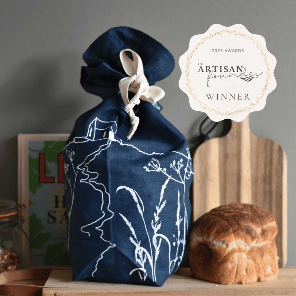 Best Gift Award Winning Navy Blue Linen Bread Bag in the Rame Head design by Helen Round