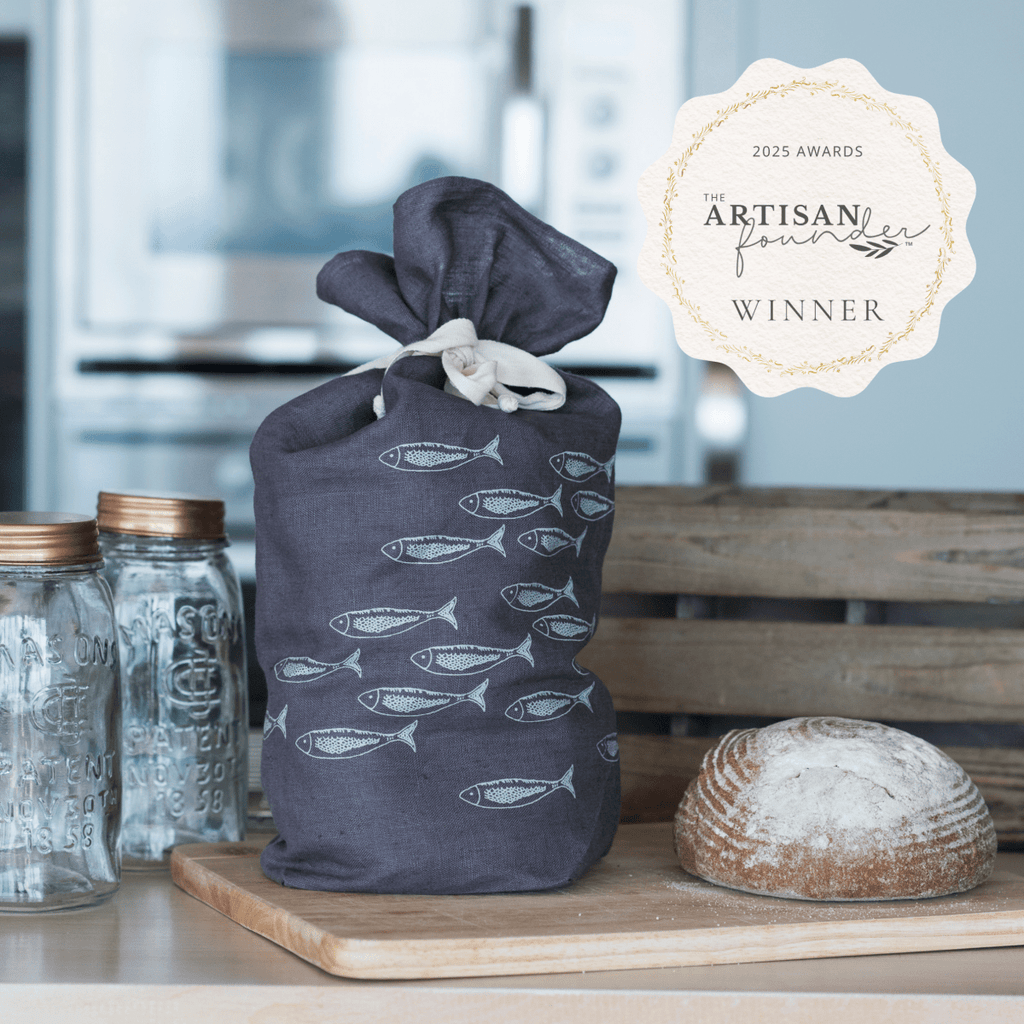 Best Gift Award Winning Linen Bread with Fish Design in Grey Linen from Helen Round