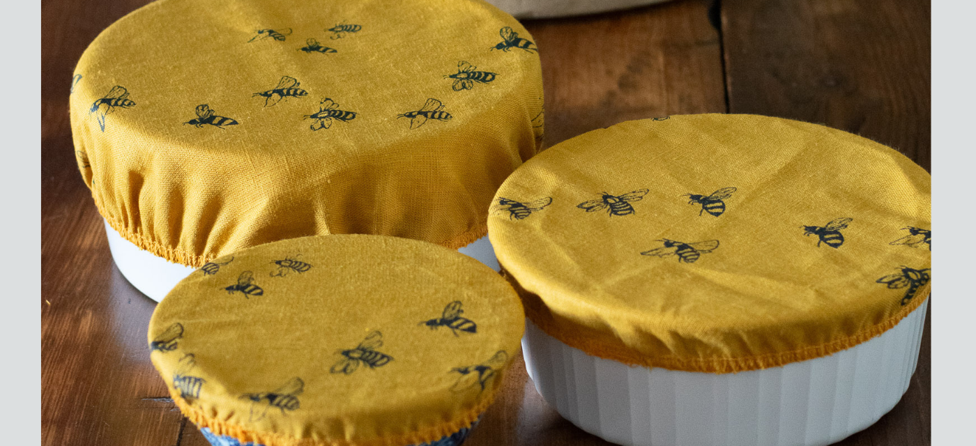 Mustard bowl covers with printed bees