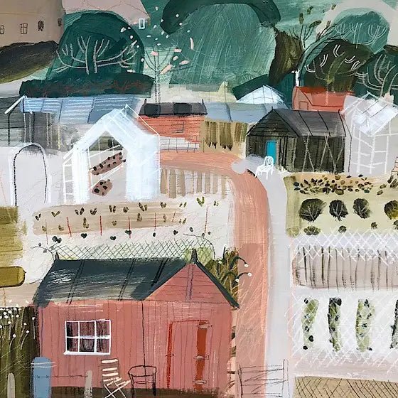 Illustration of a small house with greenery and pathways greetings card Helen Round