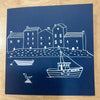 greetings card with Cornish cottages, fishing boat and bird
