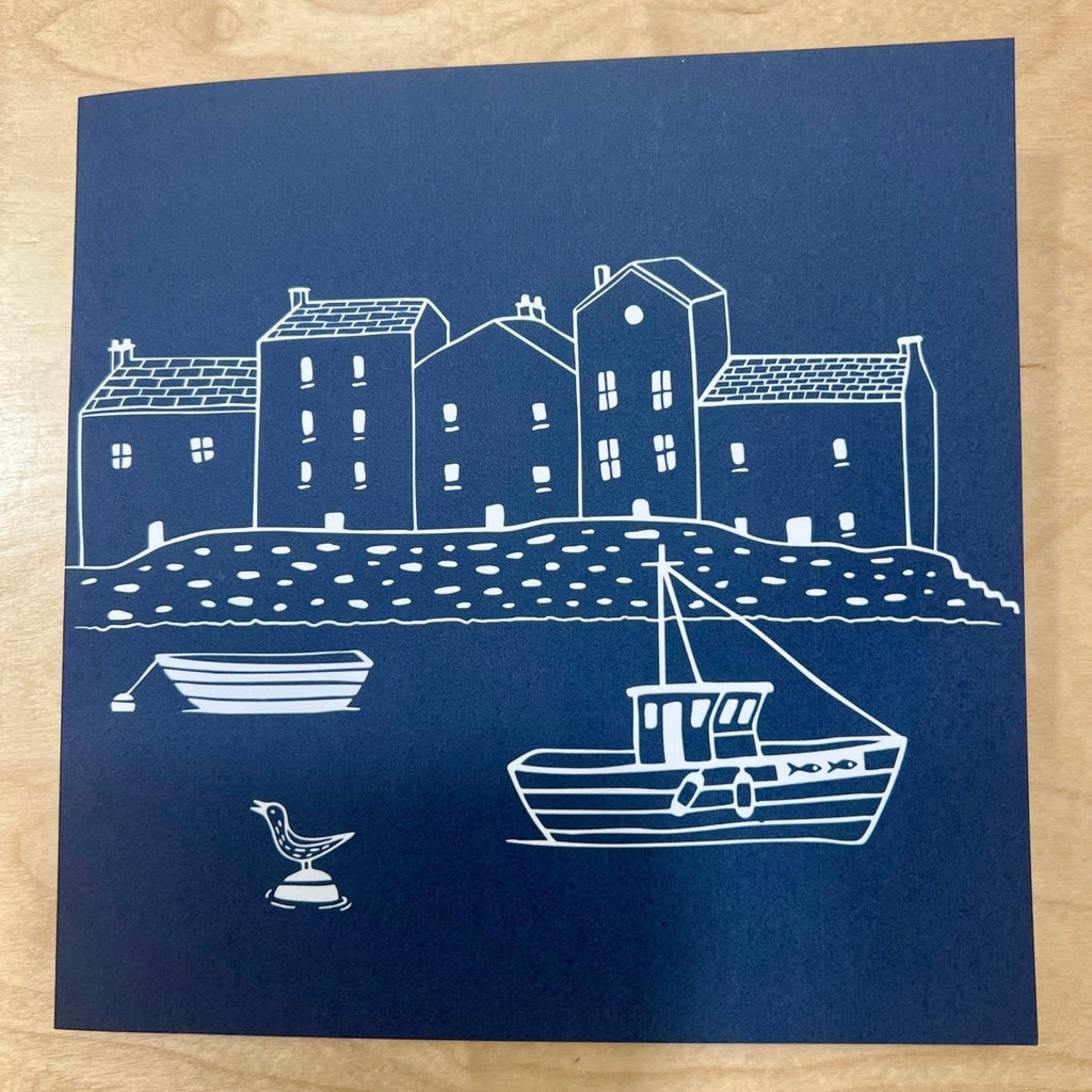greetings card with Cornish cottages, fishing boat and bird
