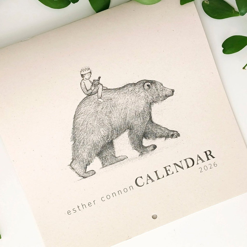 Calendar with bear and child illustration on a light background, sold by Helen Round