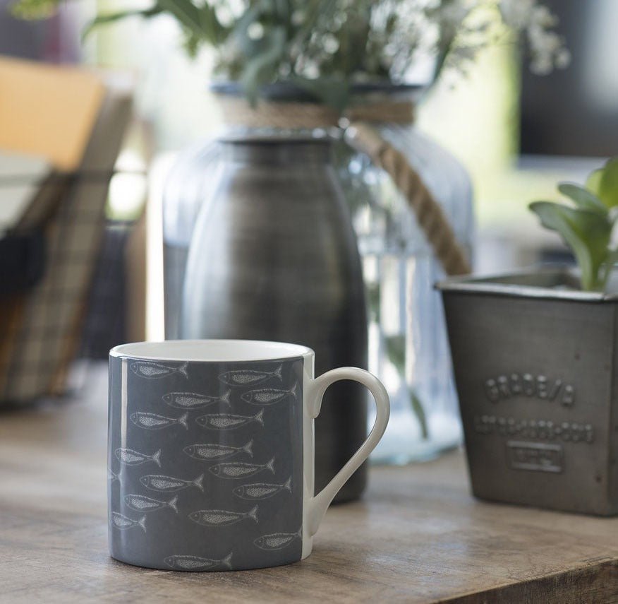 Grey Bone China Mug with white shoal of fish from the Quayside Collection by Helen Round