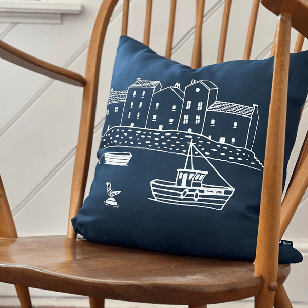 Navy blue linen Coastal inspired cushion by Helen Round