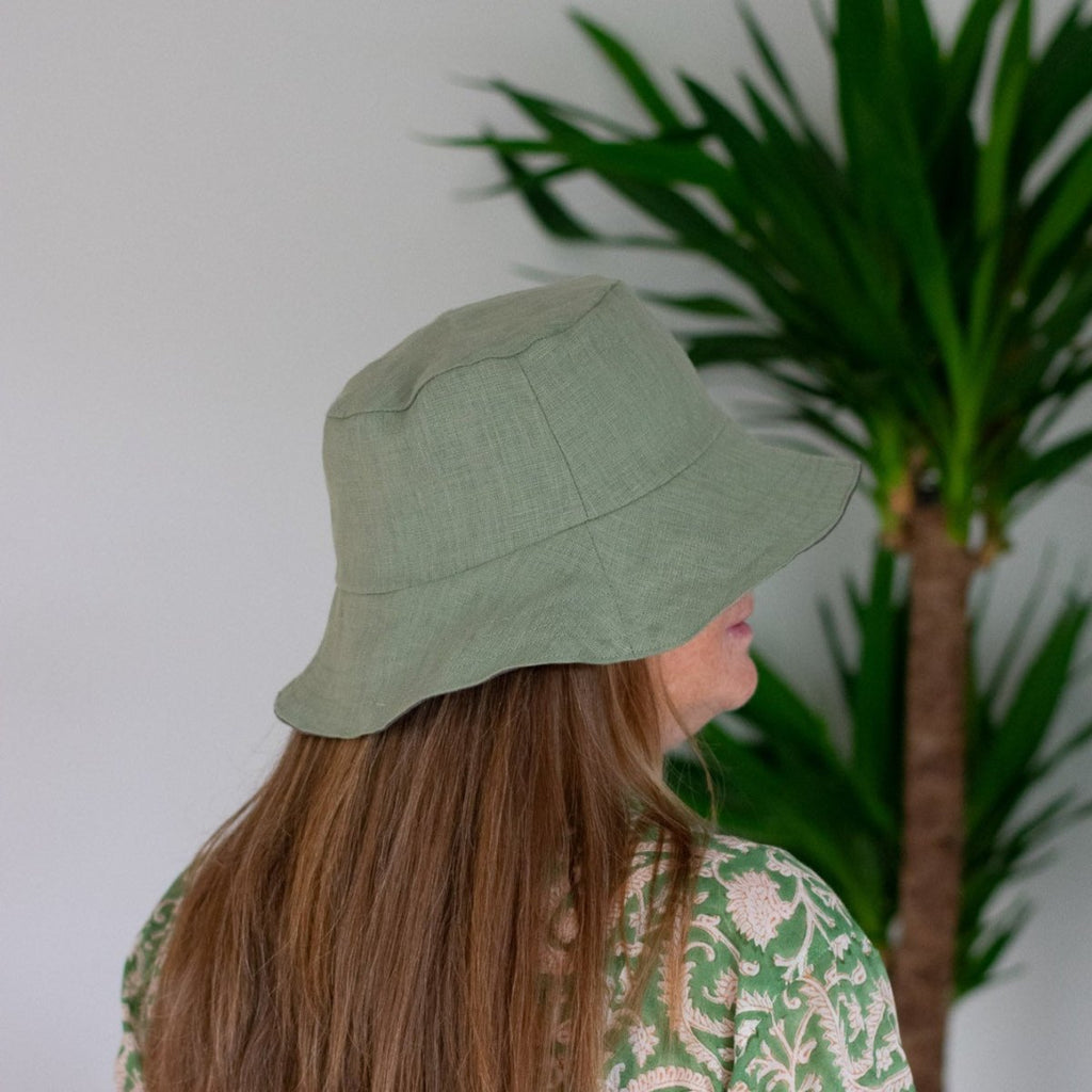 Sage Green Linen Bucket Hat, reversible with Grey Linen Lining from Helen Round