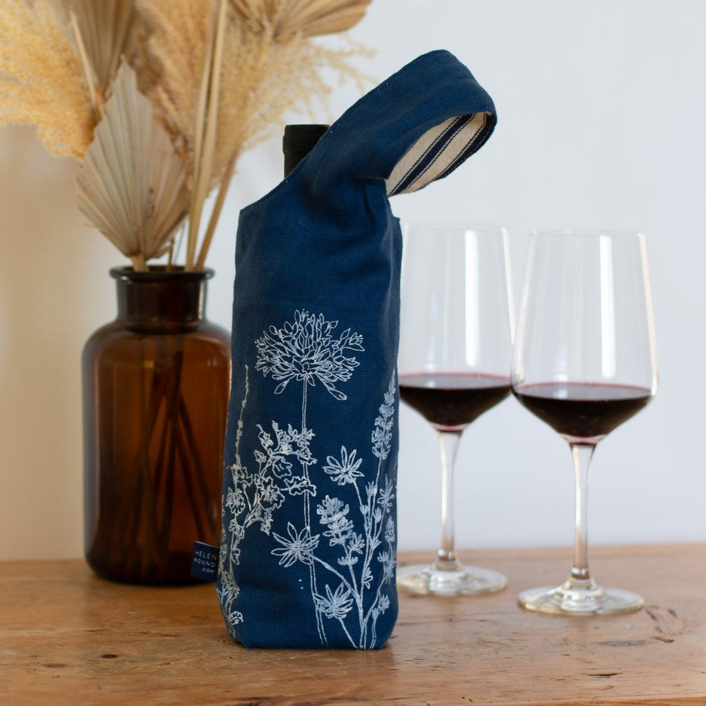 Navy Linen Wine Bottle Bag/Tote with White Garden Print and Striped Cotton Ticking Lining from Helen Round