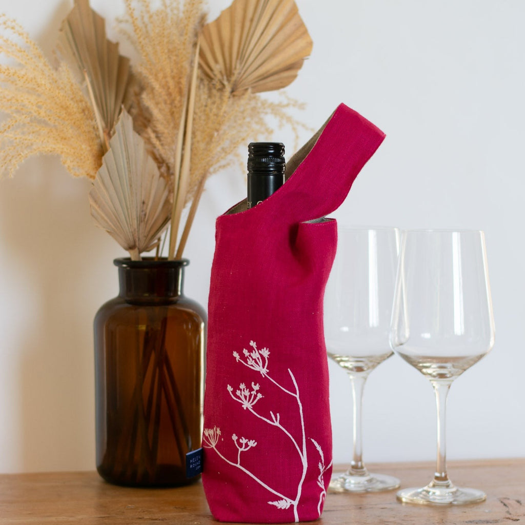 Raspberry Red Linen Bottle Bag with Hedgerow Design from Helen Round