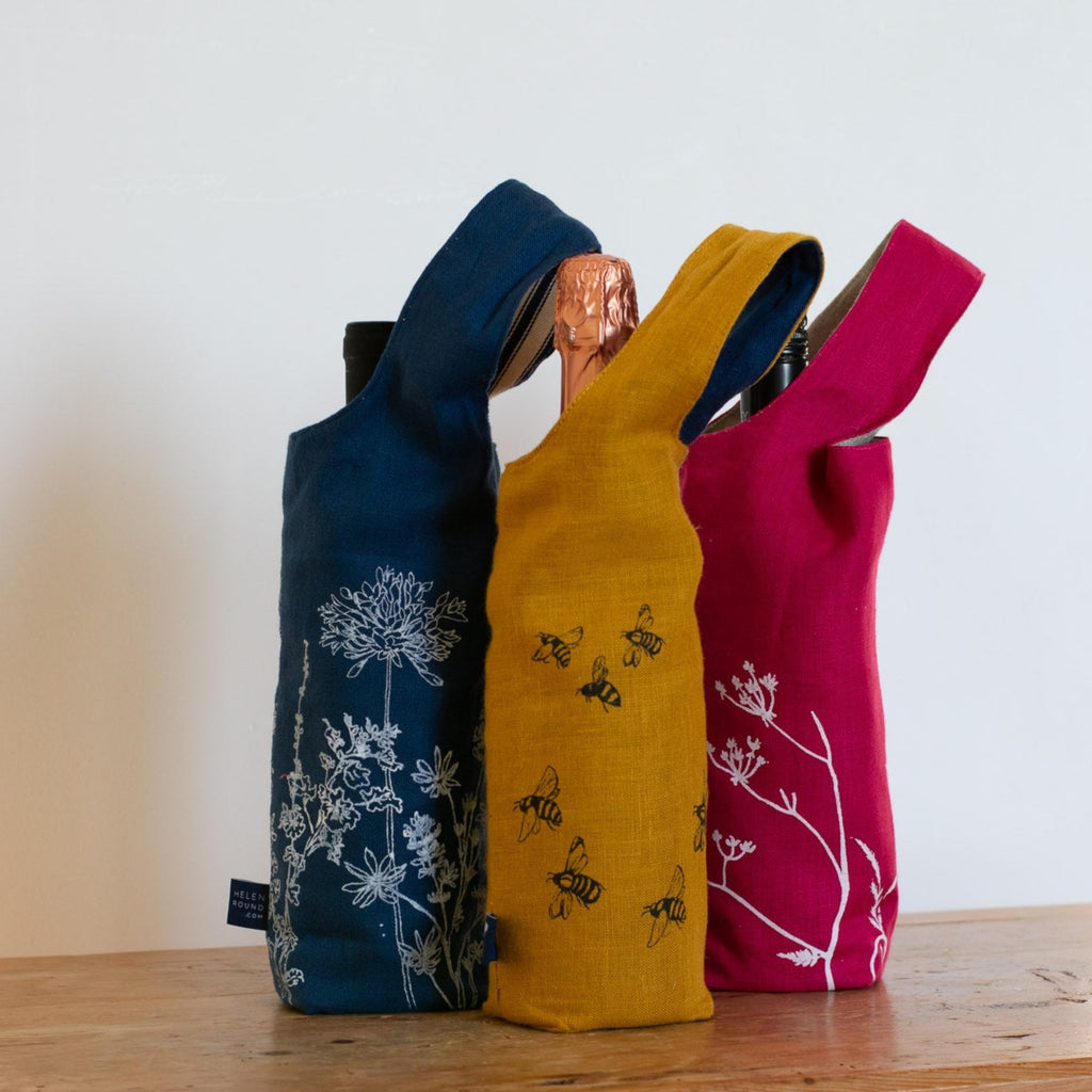 Navy, Mustard and Raspberry Red Linen Wine Bottle Bags/Totes from the Bottle Bag Collection by Helen Round
