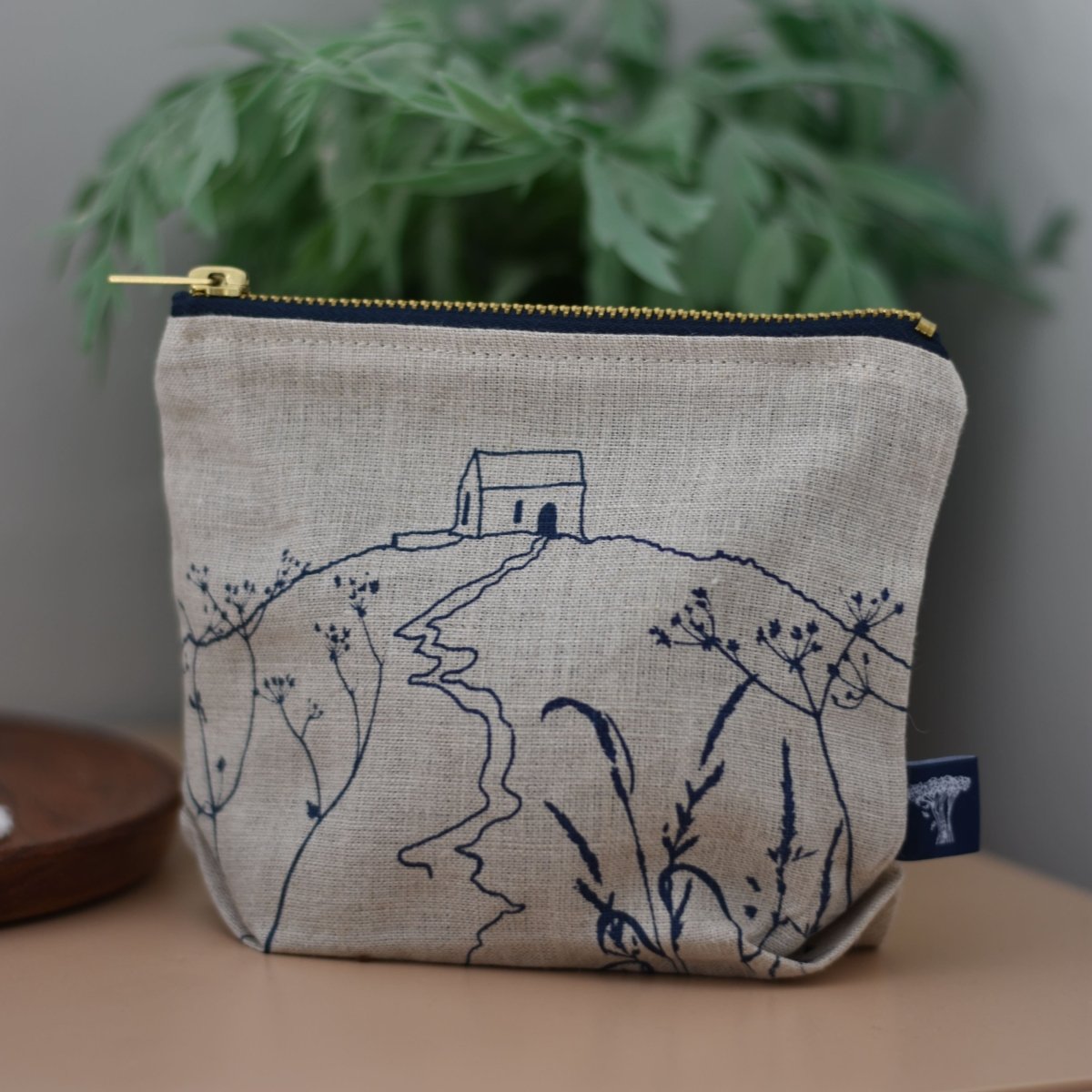 Natural Linen Makeup Bag with Rame Head design from Helen Round