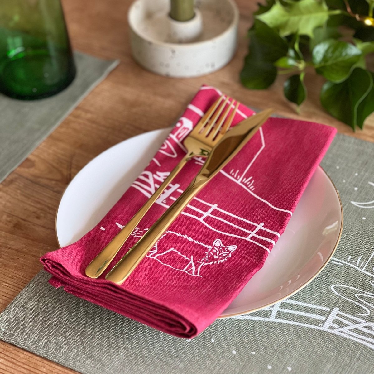 Raspberry Red Linen Napkins - set of two - from the Winter Fox Collection by Helen Round