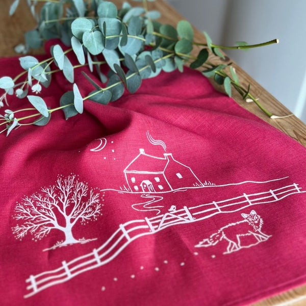 Raspberry Red Linen Tea Towel from the Winter Fox Collection by Helen Round