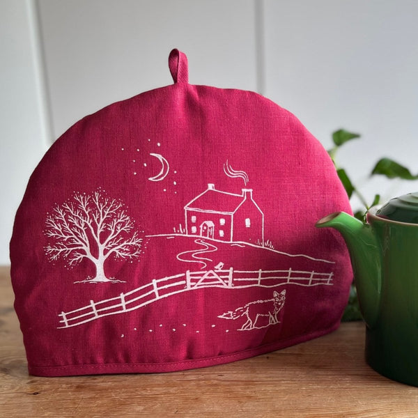 Raspberry Red Linen Tea Cosy from the Winter Fox Collection by Helen Round