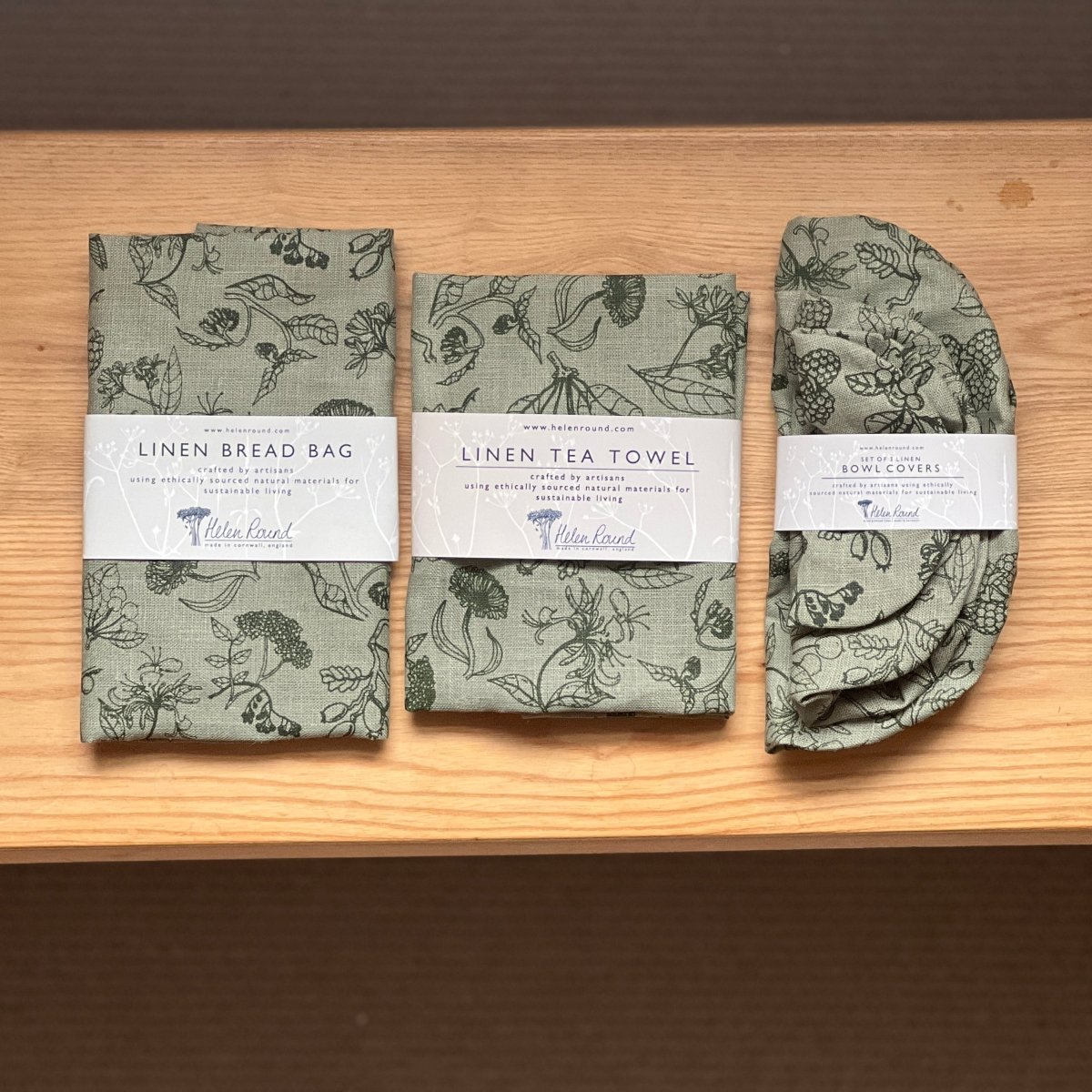 Bundle of our best sellers in the forager collection from Helen Round. Linen bowl covers, Linen bread bag and a linen tea towle in sage green. 