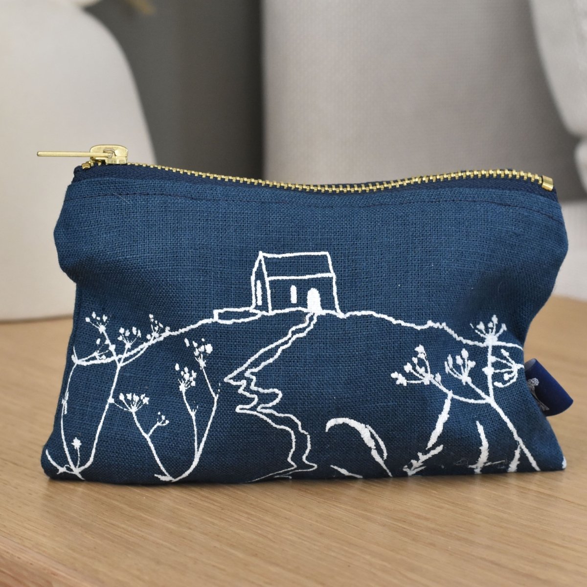 Navy Linen Rame Head Purse/Pouch hand printed with Rame Head design from Helen Round
