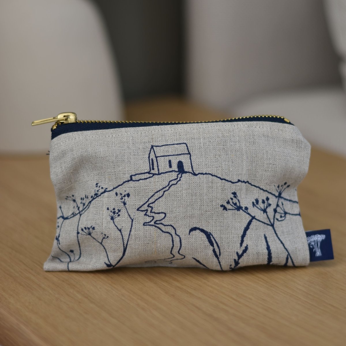 Natural Linen Pouch/Purse handprinted with Rame Head design from Helen Round