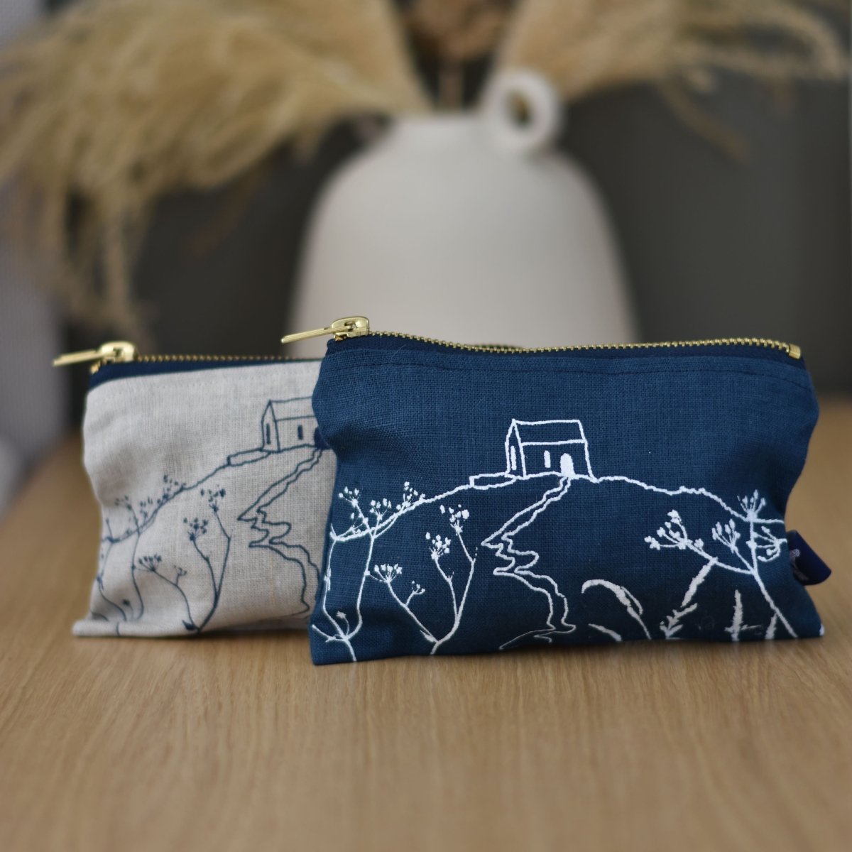 Navy and Natural Linen Pouch/Purses handprinted with a design of Rame Head from Helen Round
