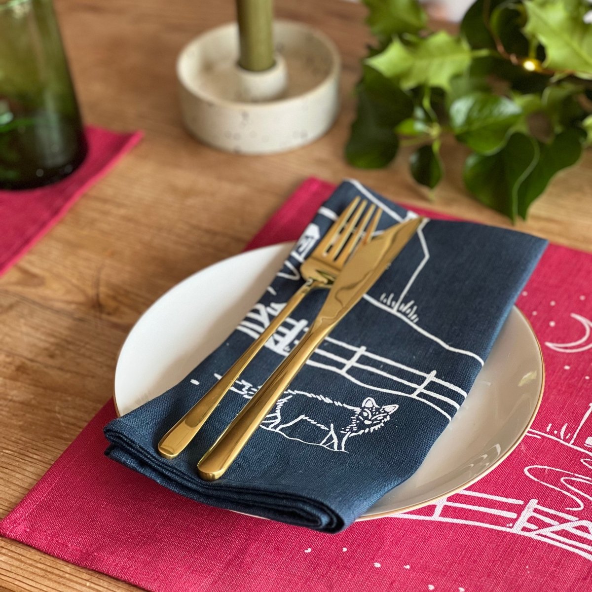 Navy Blue Linen Napkins - set of two - from the Winter Fox Collection by Helen Round