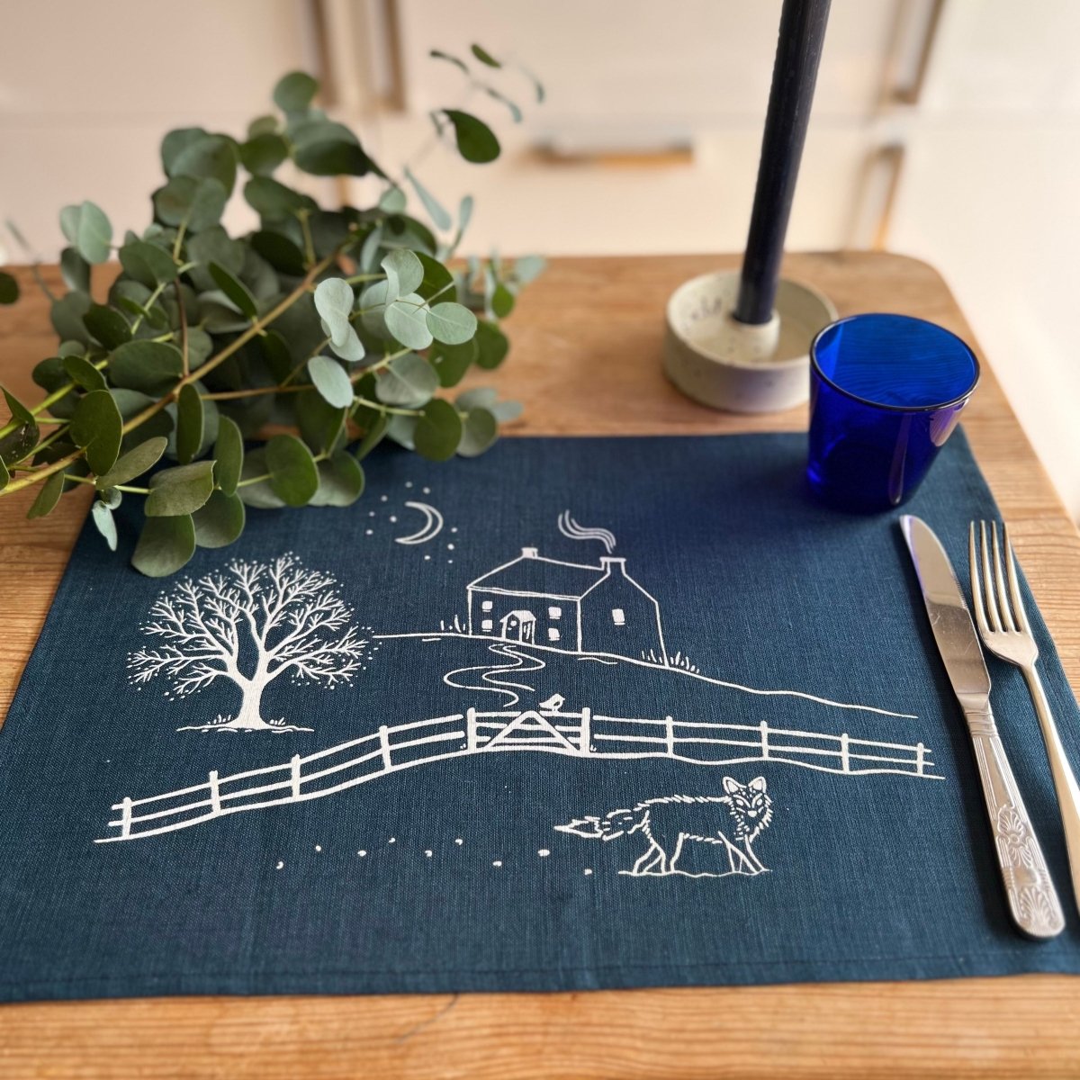 Navy Blue Linen Placemat from the Winter Fox Collection by Helen Round
