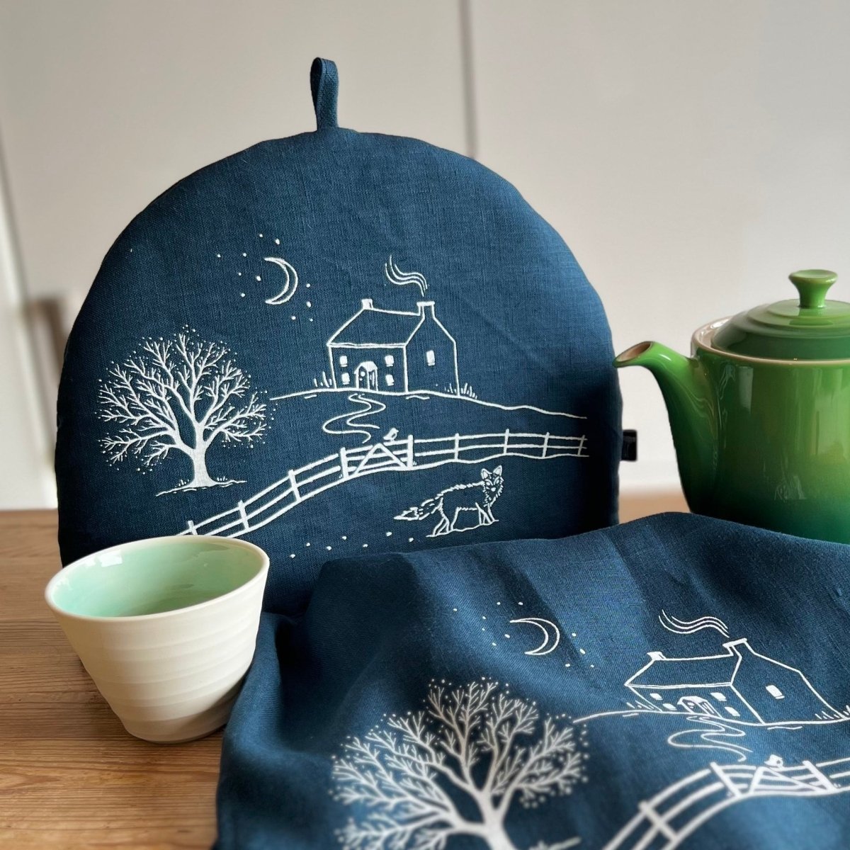 Winter Fox Collection Navy Blue Linen Tea Cosy and Tea Towel by Helen Round