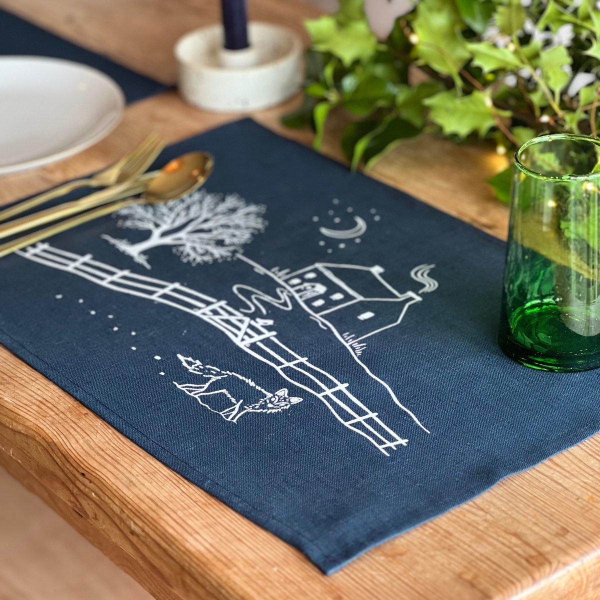 Navy Blue Linen Placemat from the Winter Fox Collection by Helen Round