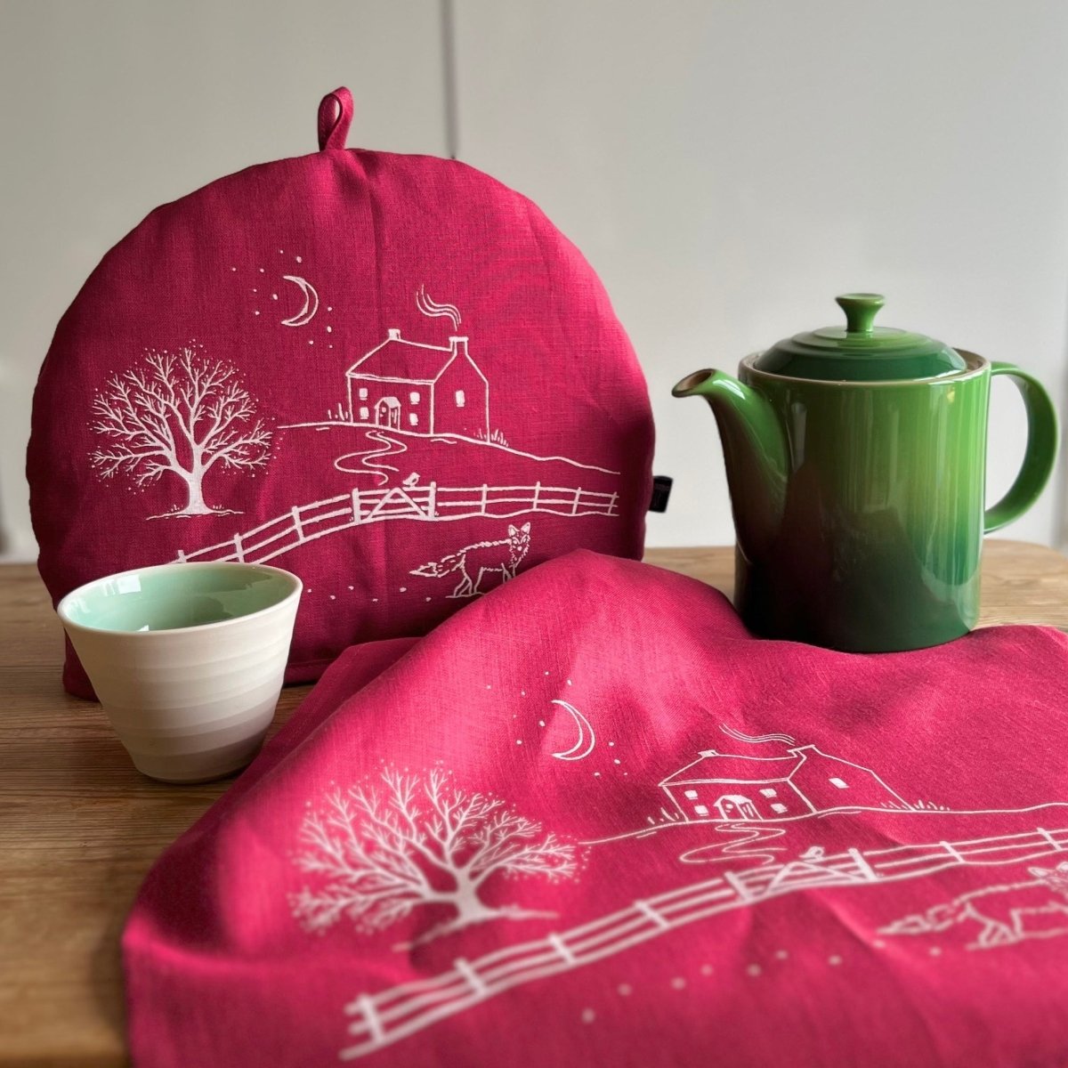 Winter Fox Collection Linen Tea Towel and Tea Cosy in Raspberry Red by Helen Round