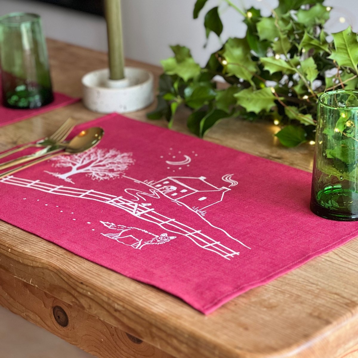 Raspberry Red Linen Placemat printed with the Winter Fox Collection by Helen Round