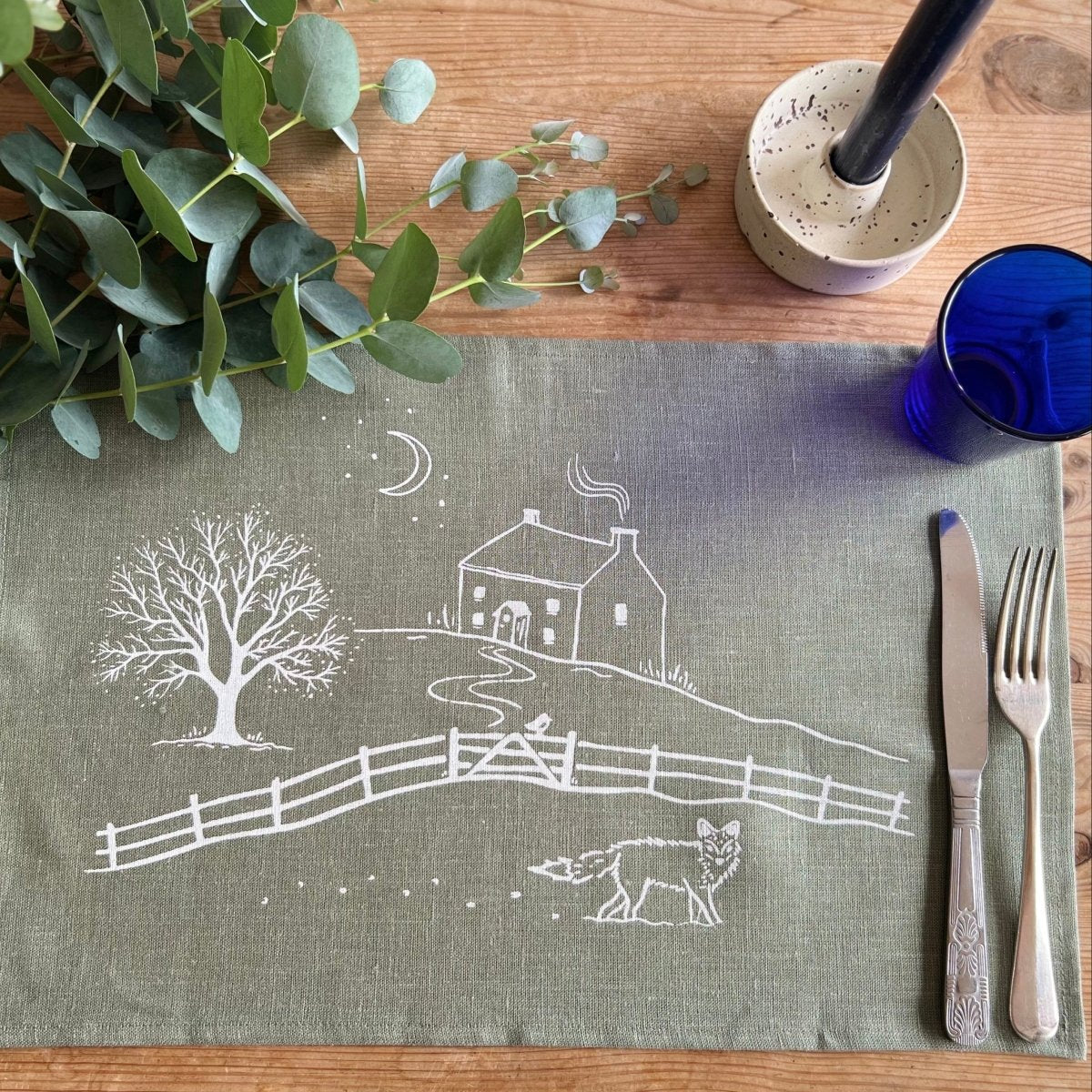 Sage Green Linen Placemats from the Winter Fox Collection by Helen Round