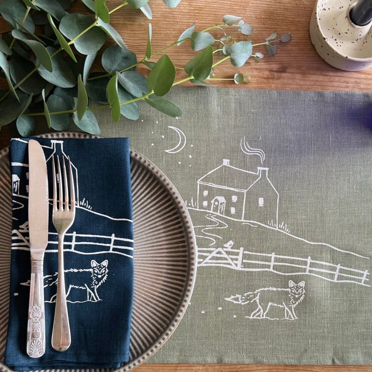 Sage Green Linen Placemat with Navy Linen  Napkin from the Winter Fox Collection by Helen Round