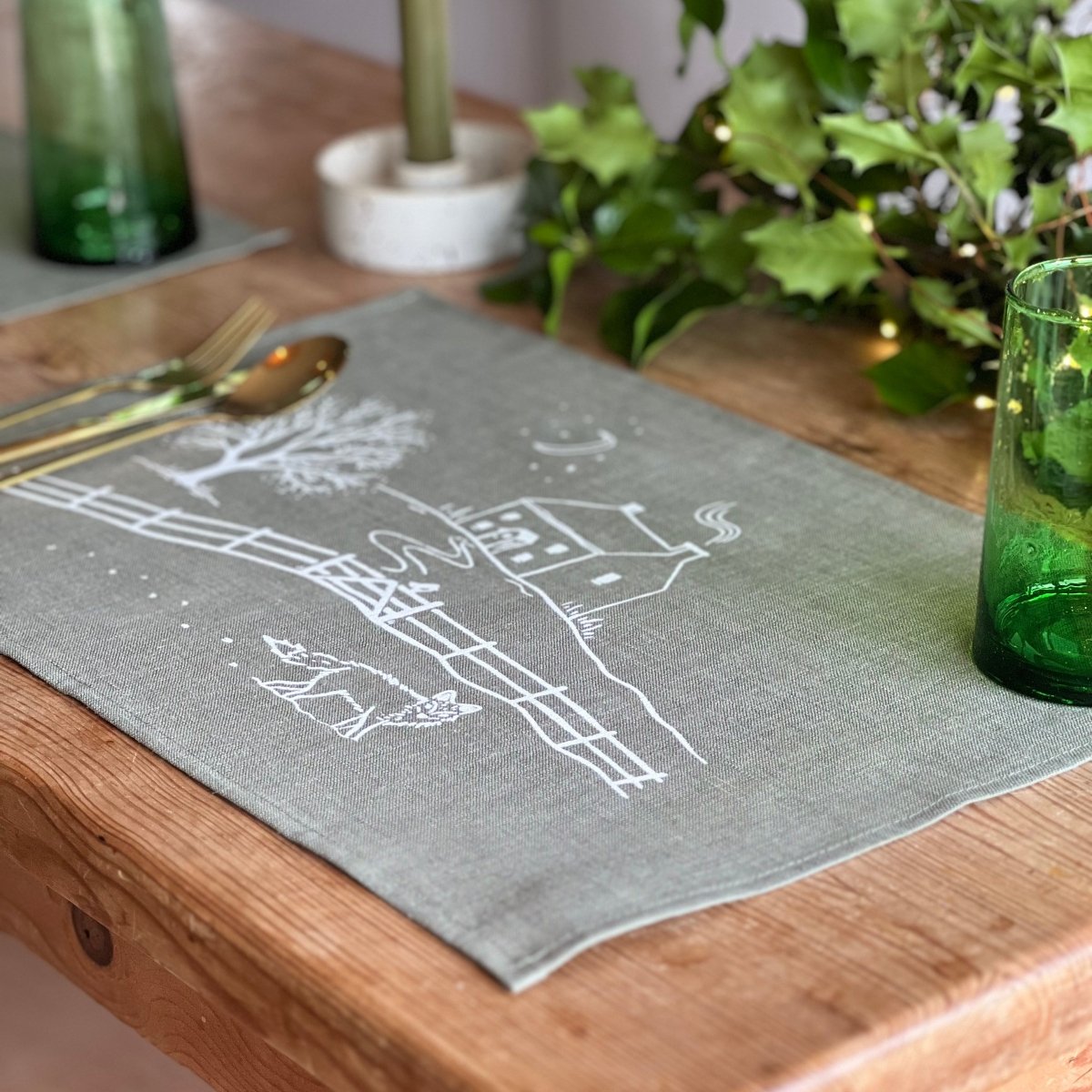 Sage Green Linen Placemat from the Winter Fox Collection by Helen Round