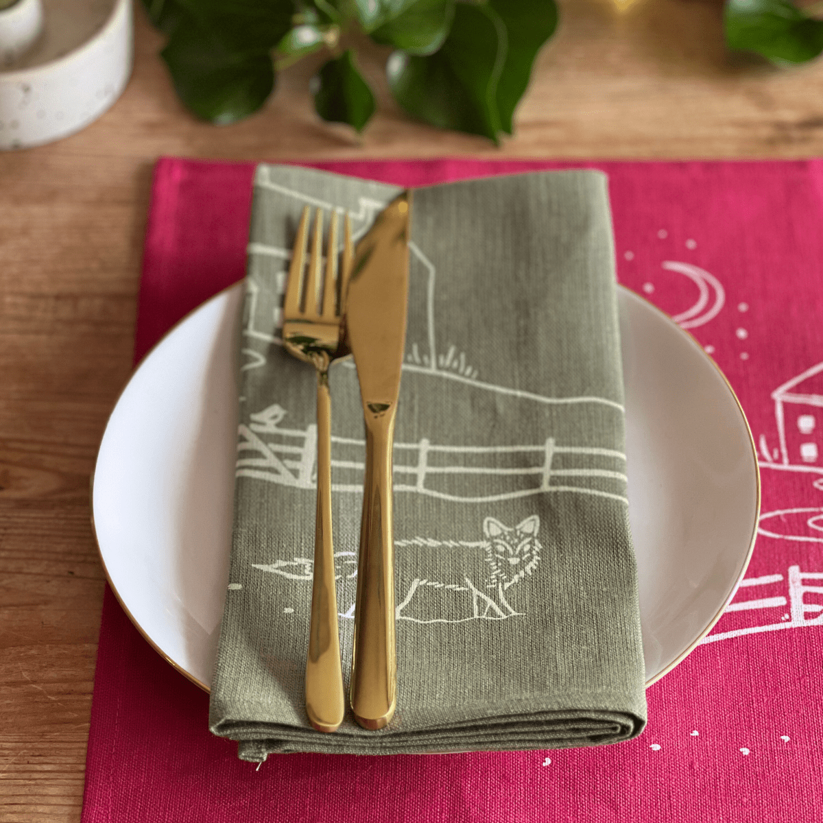 Sage Green Linen Napkins - set of two - from the Winter Fox Collection by Helen Round
