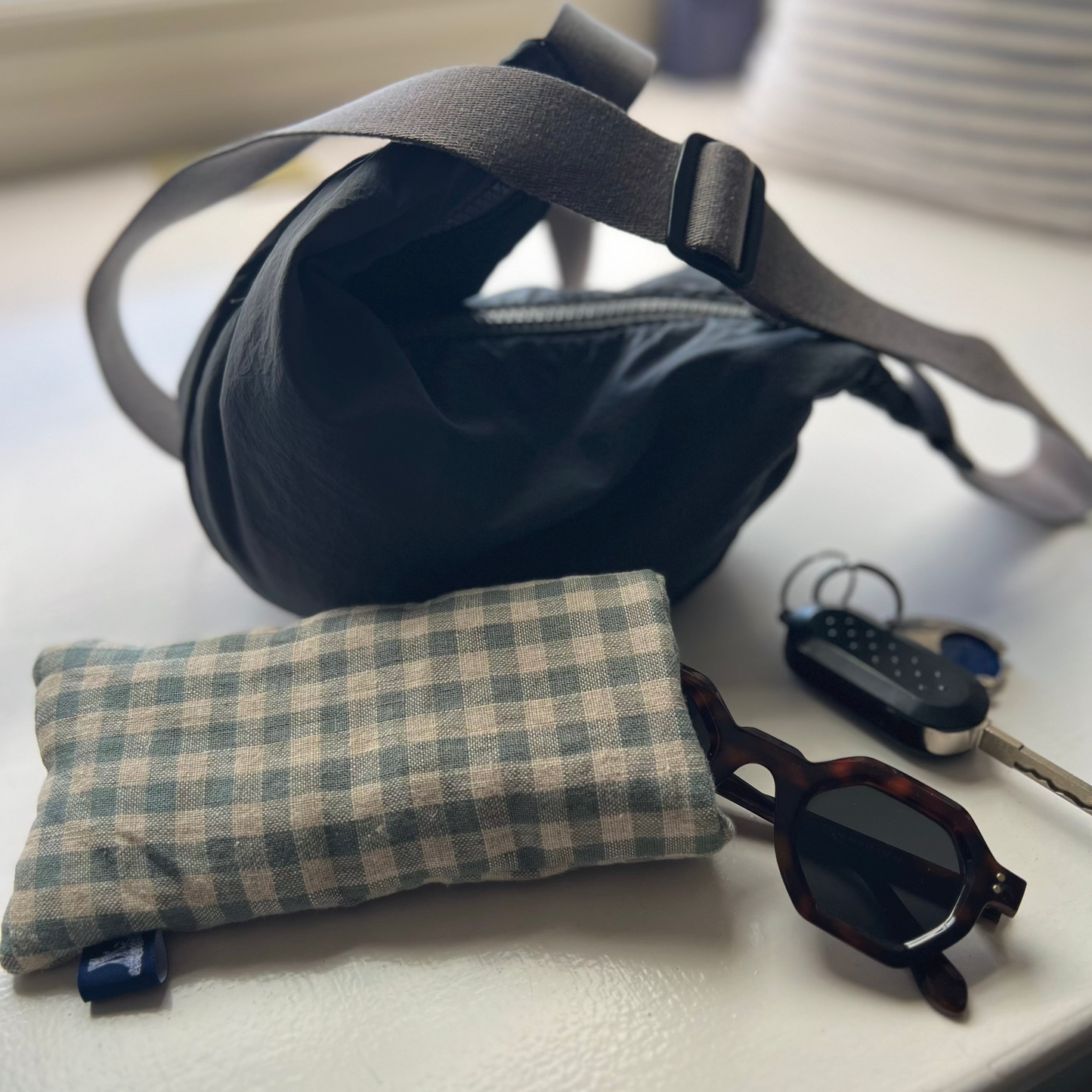 Sea Green Check Linen Glasses Case with Sunglasses, Keys and Cross Body Bag - from a Collection by Helen Round