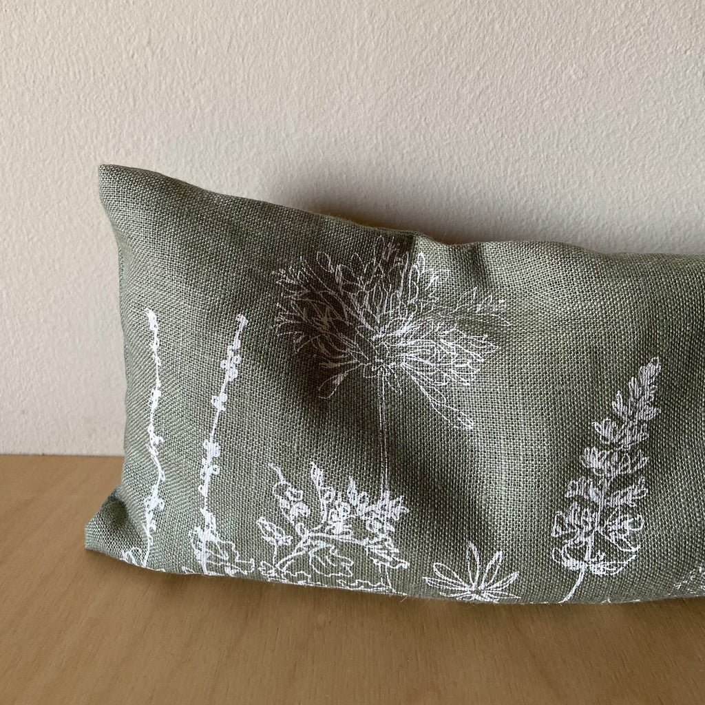 Sage Green Linen Eye Pillow with floral design from The Garden Collection by Helen Round