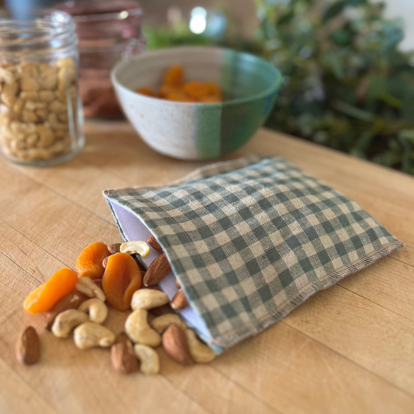 Linen Snack Bag with waterproof lining in Sea Green Check Linen from the Check Collection by Helen Round