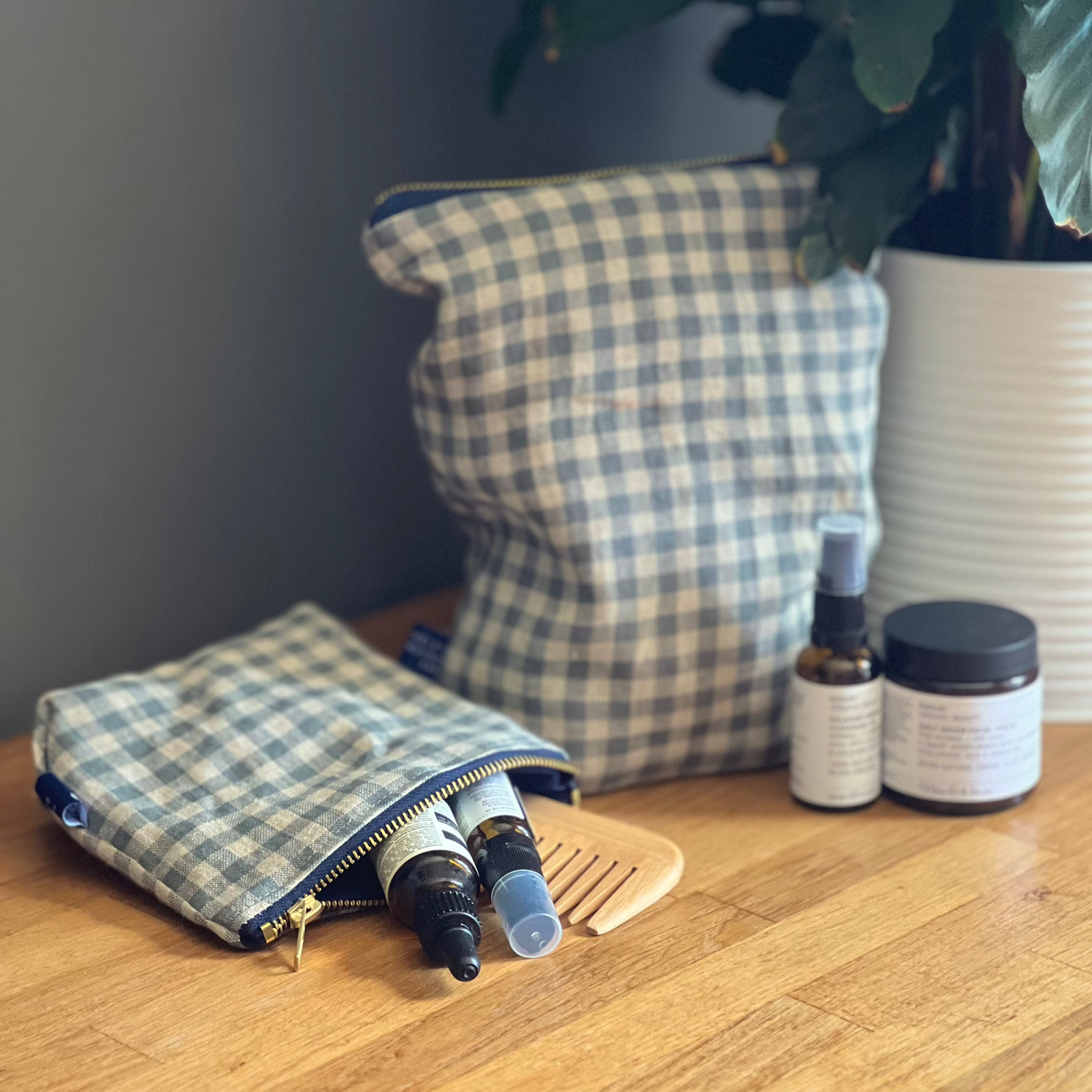 Sea Green Check Linen Makeup Bag with Toiletry Bag and Cosmetics from the Check Collection by Helen Round