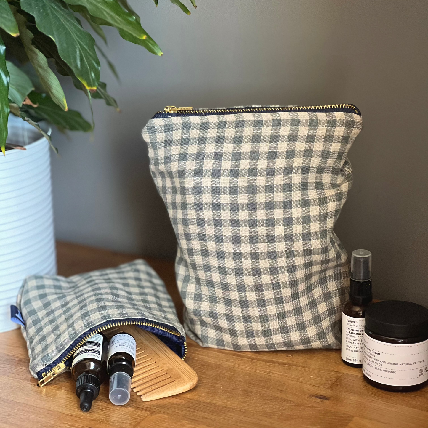 Toiletry Bag in Sea Green Linen Check pictured with Makeup Bag from the same collection by Helen Round