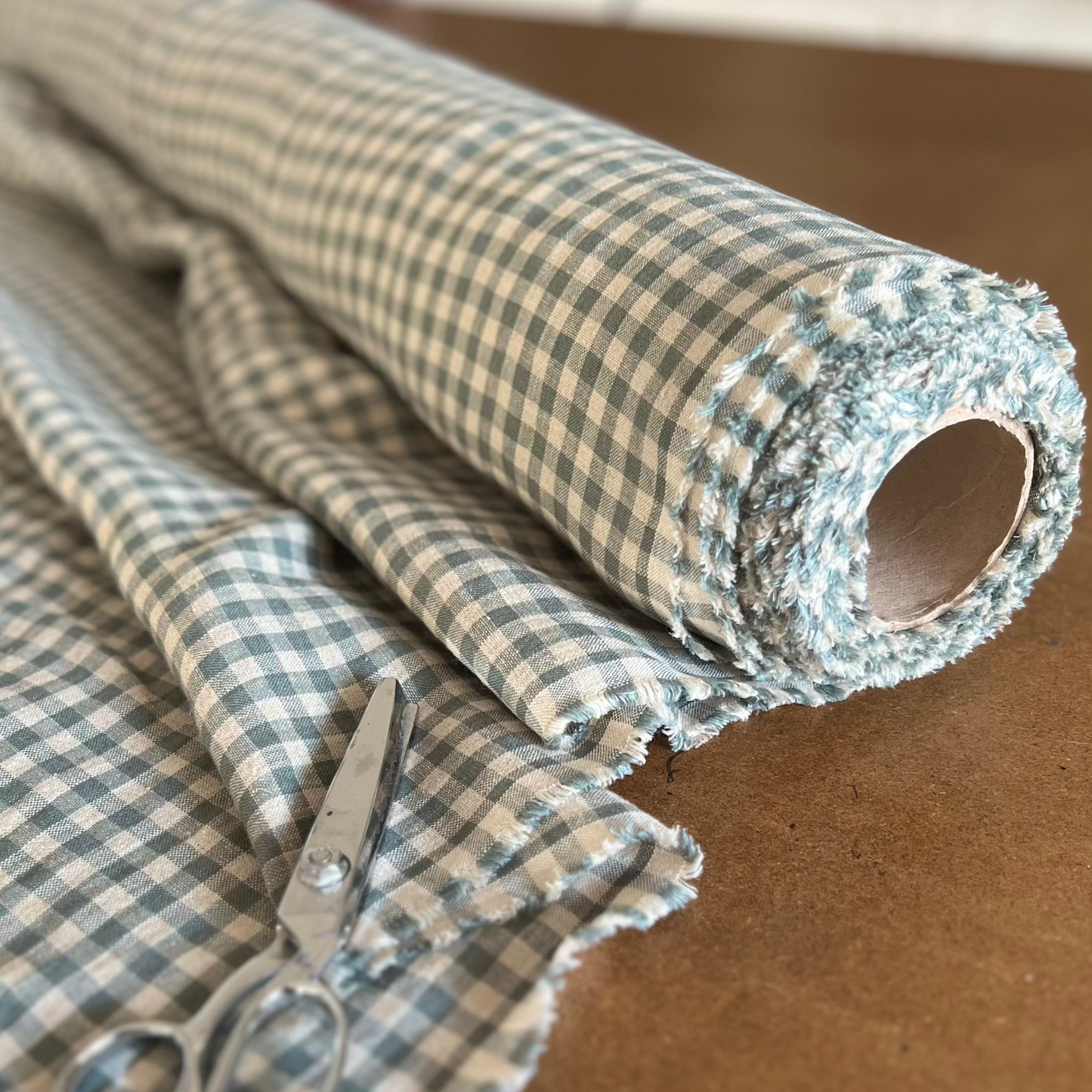 Sea Green Check Linen Fabric - 150cm wide from Helen Round