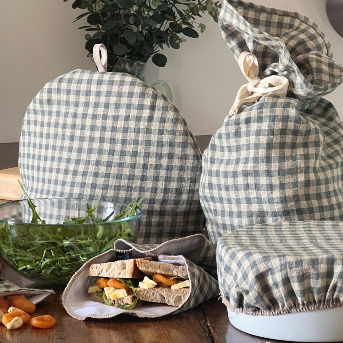 Sea Green Check Linen Tea Cosy, with Linen Bread Bag, Bowl Cover and Sandwich Wap from the Sea Green Check Linen Collection by Helen Round