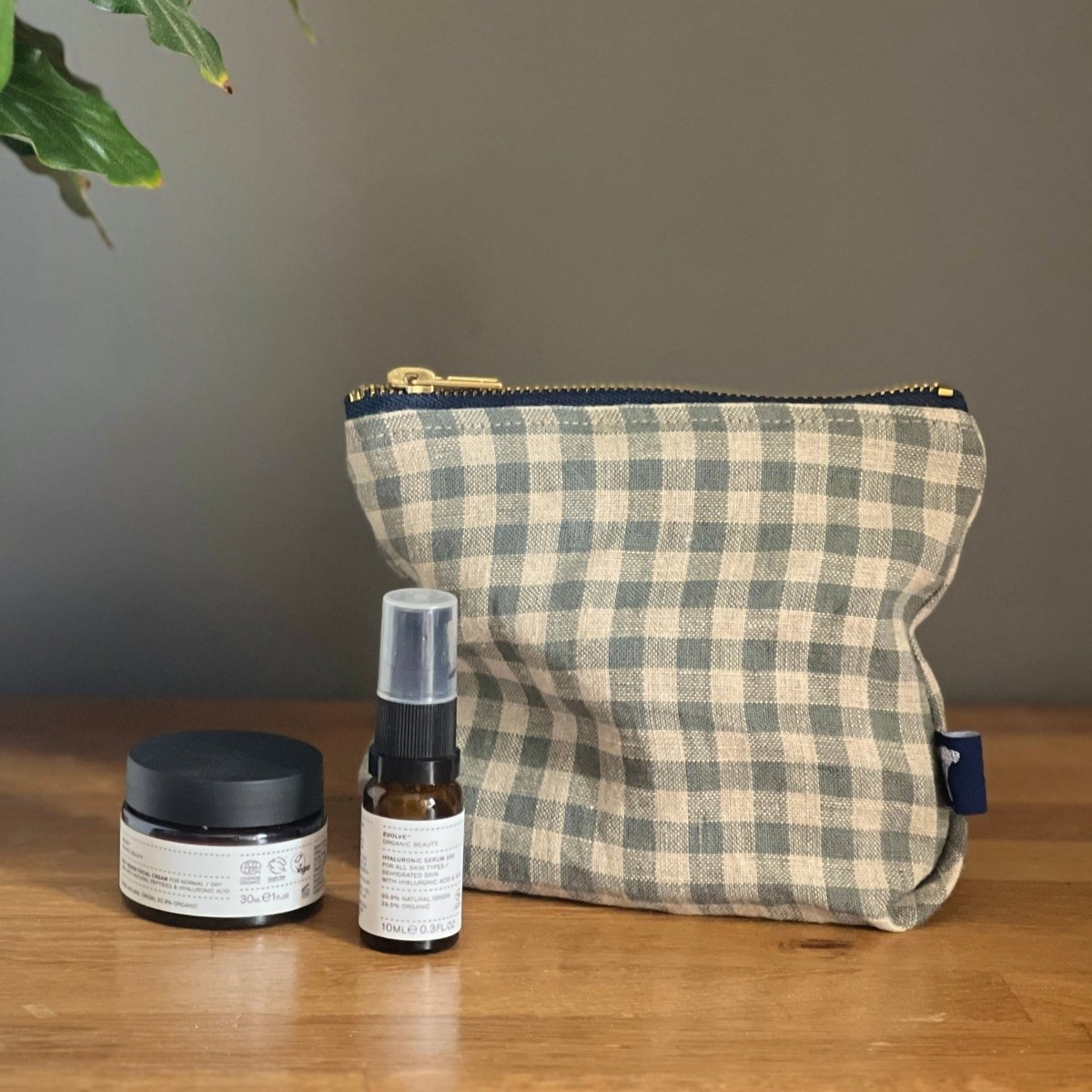 Makeup Bag in Sea Green Check Linen from a collection by Helen Round