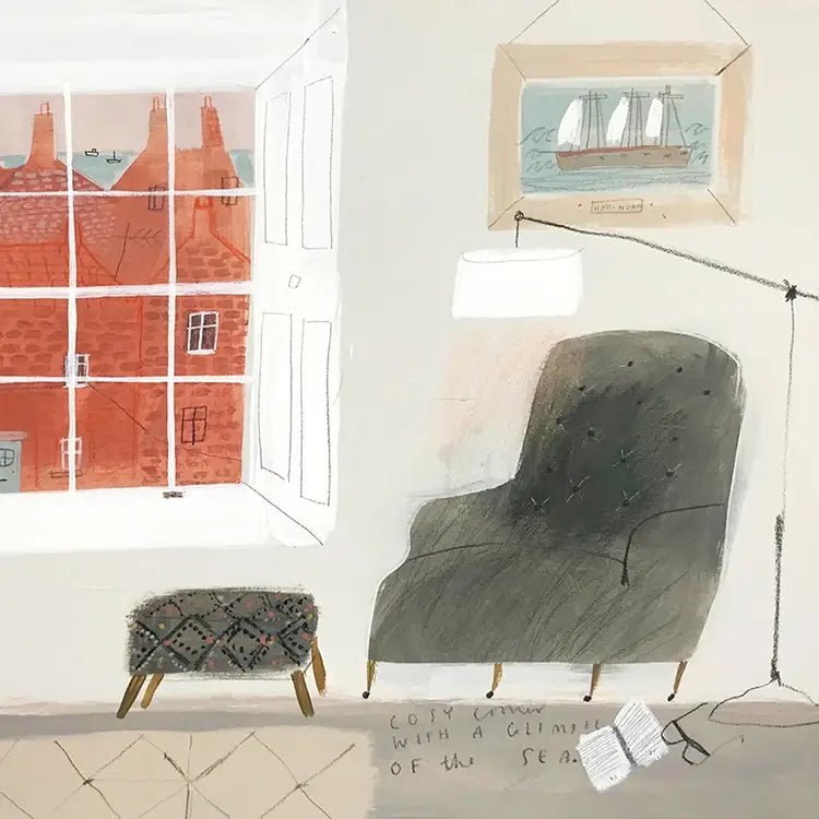 Room interior with a green armchair, small table, and framed artwork on the wall Greetings card Helen Round