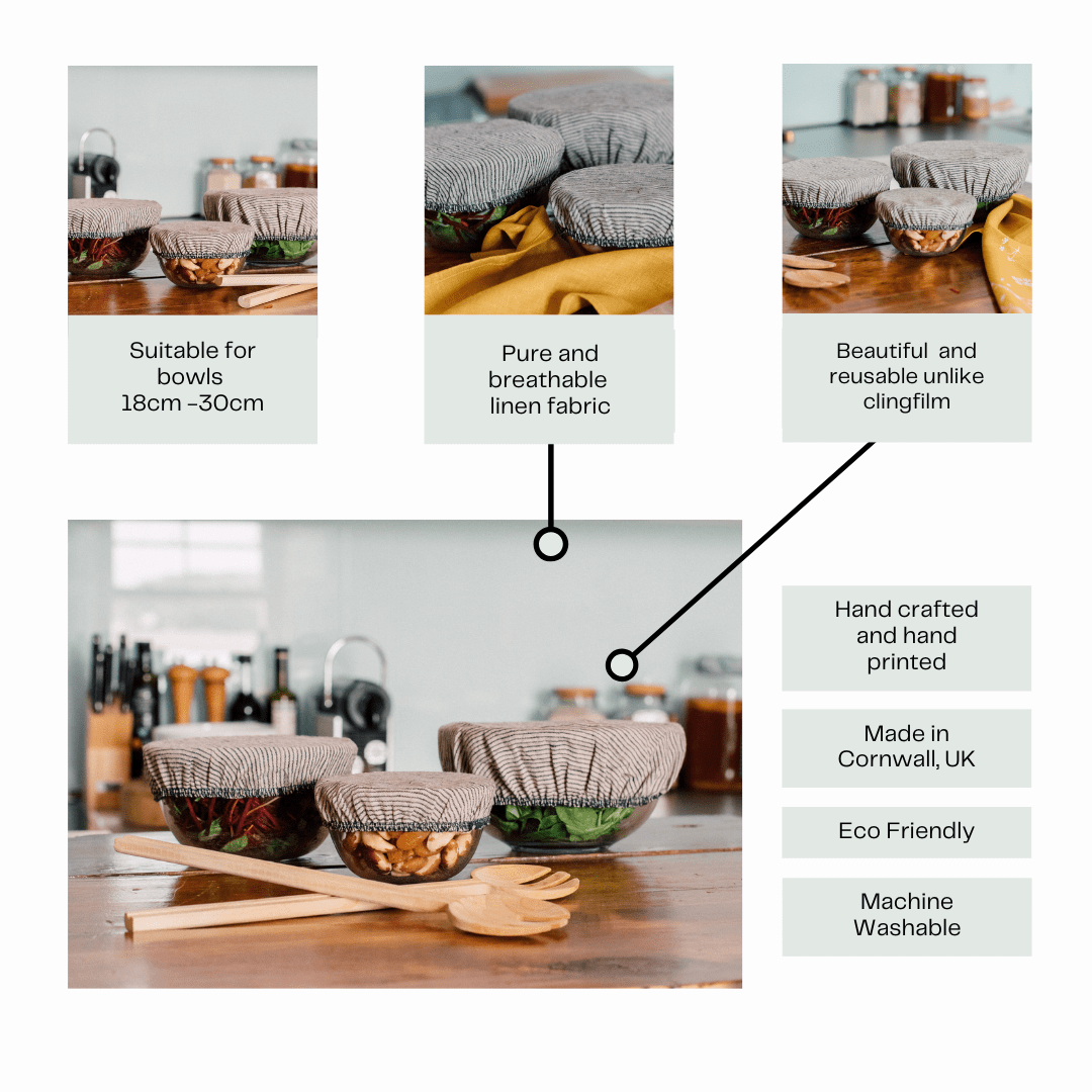 Infographic for set of 3 striped linen bowl covers from Helen Round