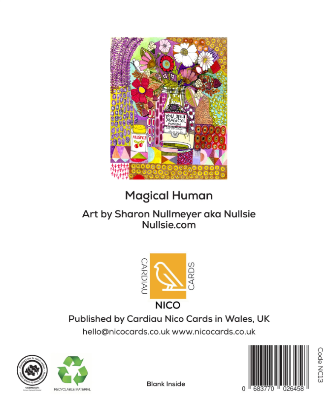 Back cover of a card deck titled 'Magical Human' with an illustrated patchwork artwork above the title, artist credit for Sharon Nullmeyer, publisher information for Cardiou Nico Cards in Wales, barcode, and recycling/reclosable icons on a white background.